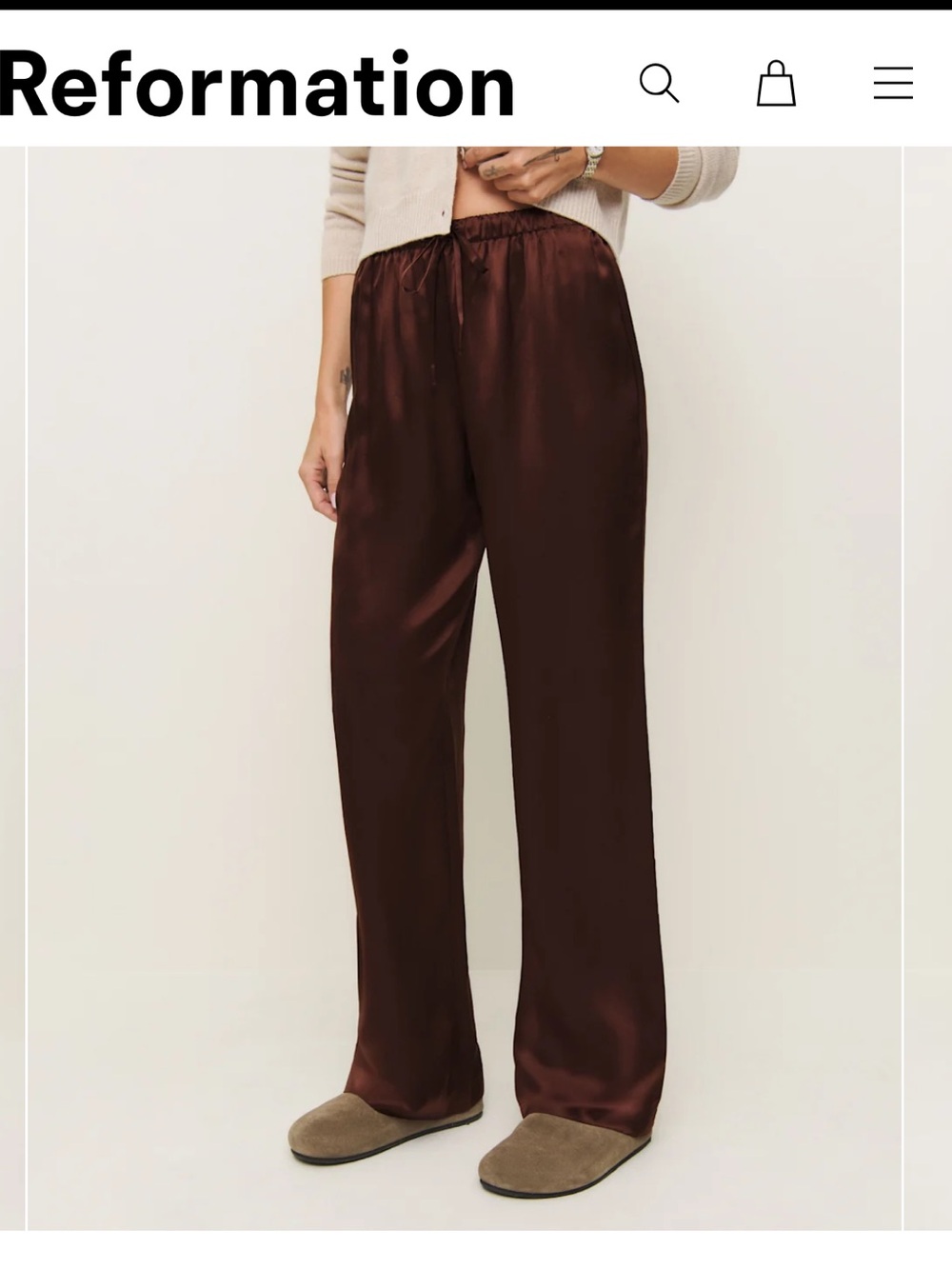 Reformation Olina Silk Wide-Leg Pants in Deep Brown - Picture 2 of 7